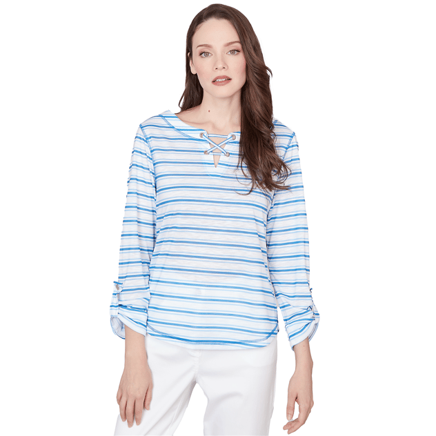 Womens Hearts of Palm Embraceable Blue Roll Tab Sleeve Blouse