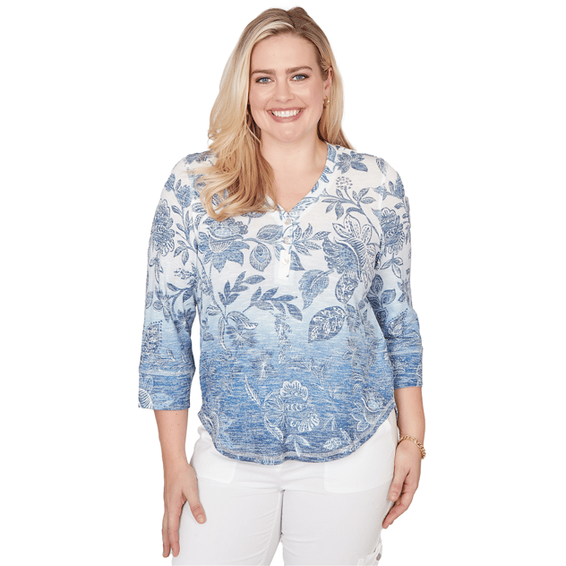 Petite Alfred Dunner Out Of The Blue Floral Ombre Henley Tee