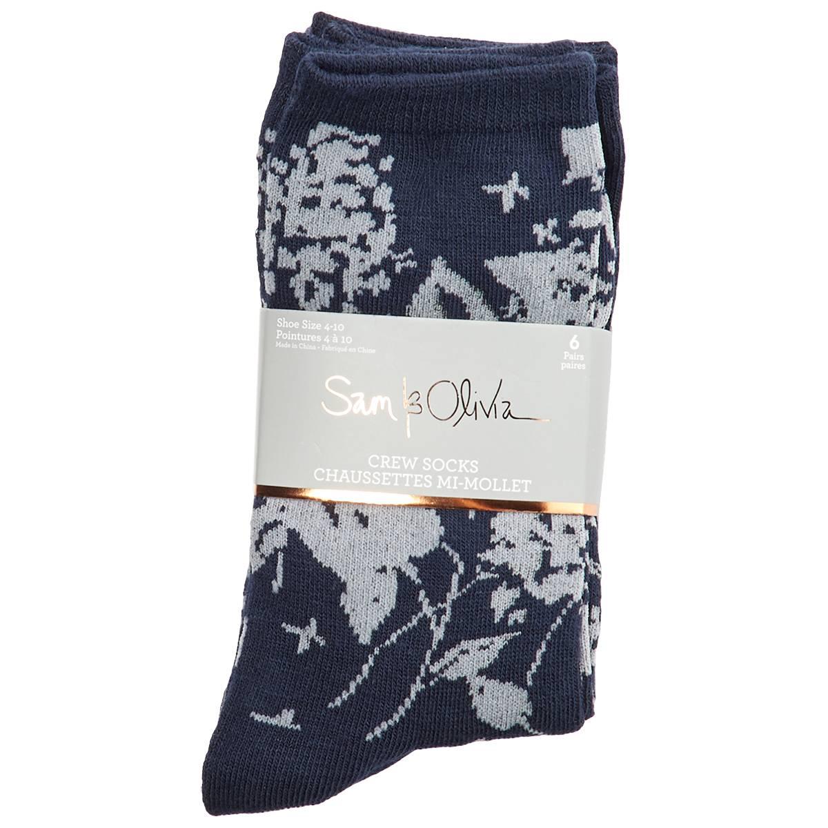 Womens Sam & Olivia 6Pk Navy Flower Roll Cuff Crews