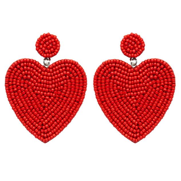 Red Seed Bead Heart Drop Earrings