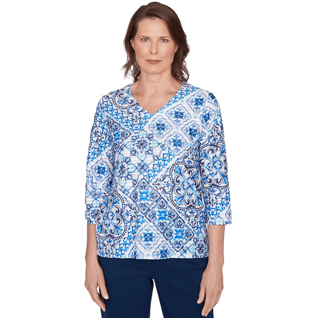 Womens Alfred Dunner Mykonos 3/4 Sleeve Medallion Blouse