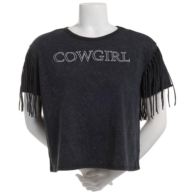 Juniors No Comment Short Sleeve Fringe Embroidered Cowgirl Tee