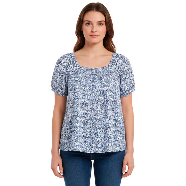 Womens Absolutely Famous Pintuck Floral Puff Sleeve Blouse