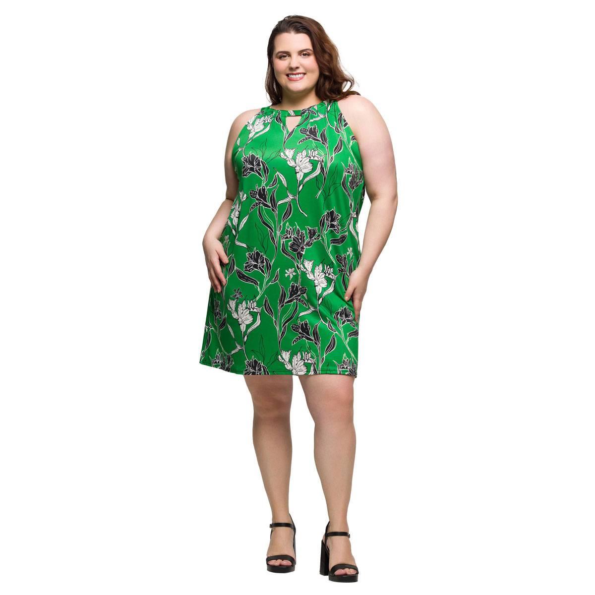 Plus Size 24/7 Comfort Apparel Green Floral Keyhole Dress