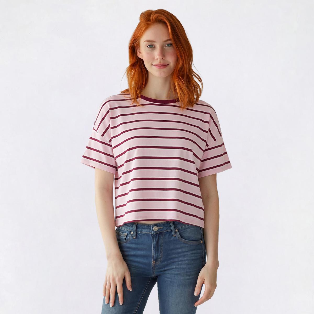 Juniors Pink Rose Short Sleeve Rib Oversized Boxy Top