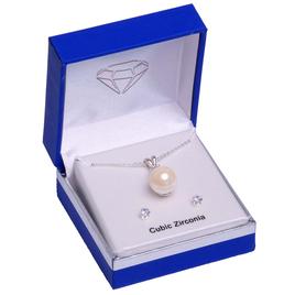 Silver-Tone CZ White Pearl Pendant & Earring Set