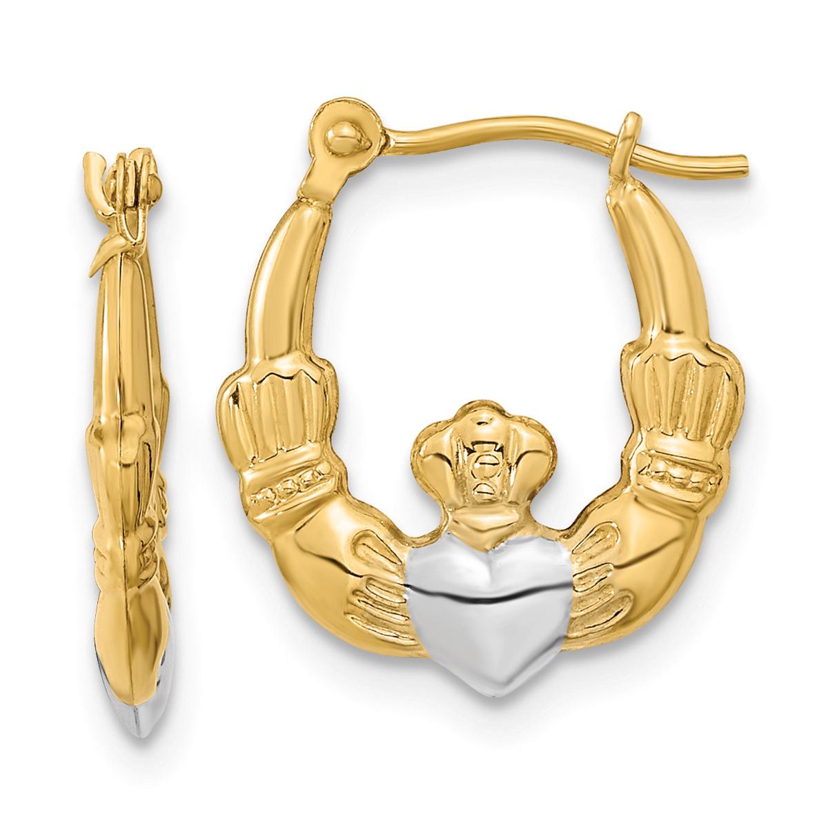 Gold Classics(tm) 14kt. Gold & Rhodium Claddagh Hoop Earrings