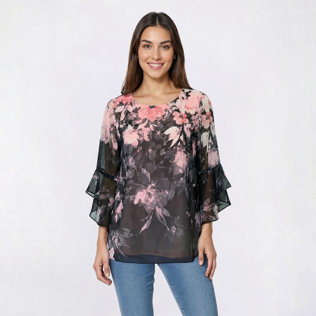 Womens Kasper Flounce Sleeve Ombre Floral Blouse