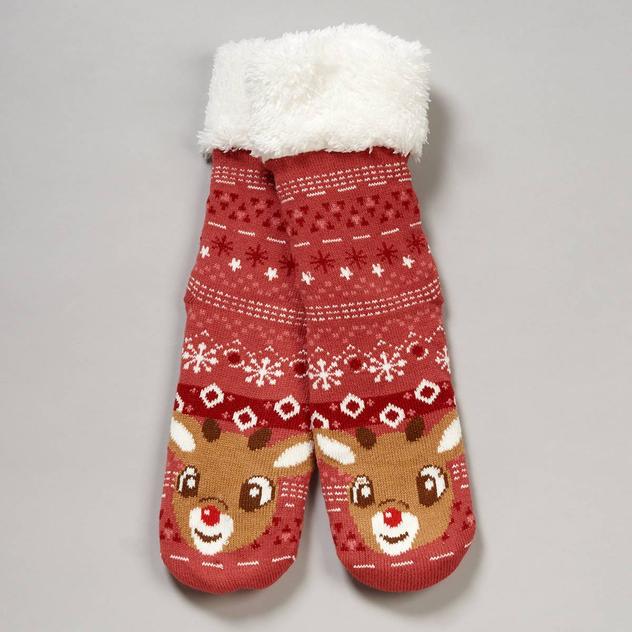 Womens Fuzzy Babba Long Cozy Warmer Rudolph Slipper Socks