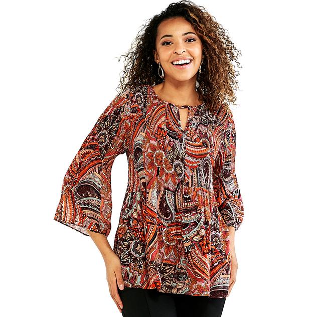 Womens Floral & Ivy 3/4 Sleeve Keyhole Paisley Blouse