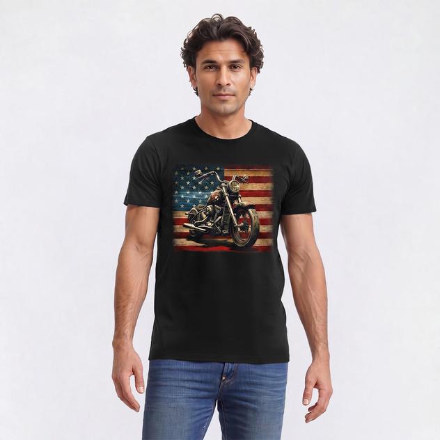 Mens Vintage Motorcycle USA  Flag Short Sleeve Graphic Tee