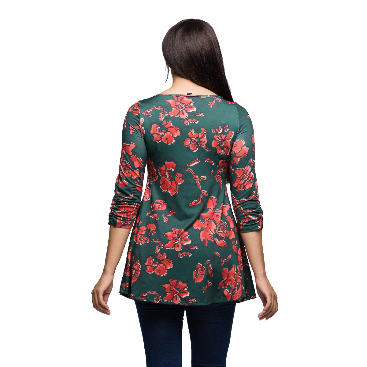 Womens 24/7 Comfort Apparel Green Floral 3/4 Sleeve Tunic Top