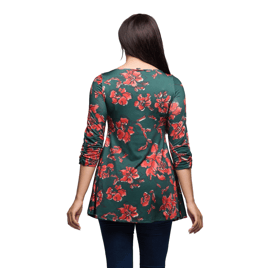 Womens 24/7 Comfort Apparel Green Floral 3/4 Sleeve Tunic Top