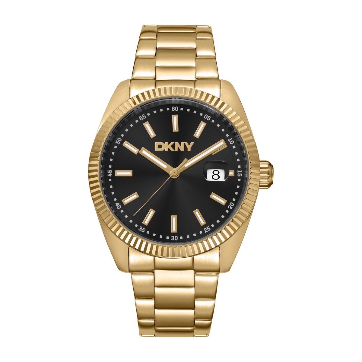 Mens DKNY Date Fluted Bezel Gold Black Dial Watch - DK1G133M0045
