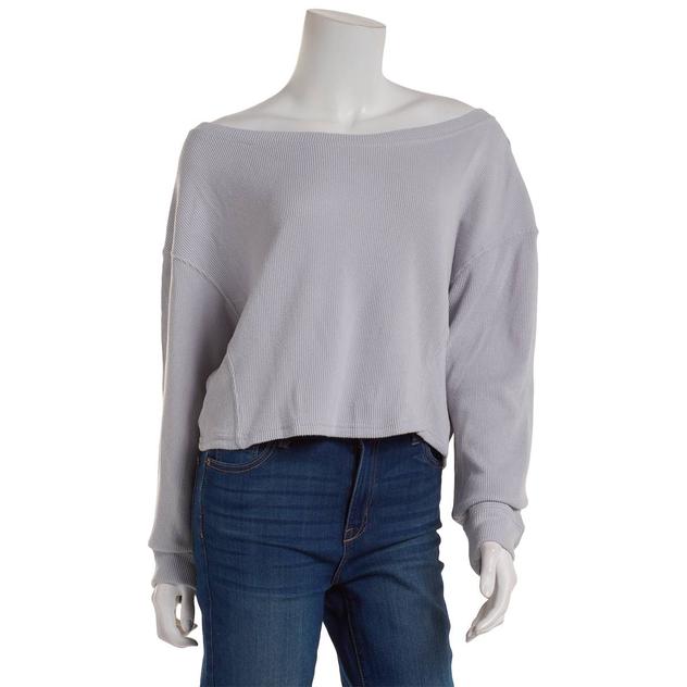 Juniors No Comment Brushed Waffle Off the Shoulder Sweatshirt
