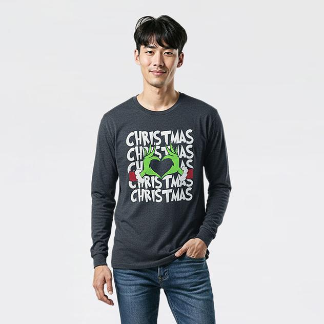 Young Mens Grinch Christmas Heart Long Sleeve Graphic Tee