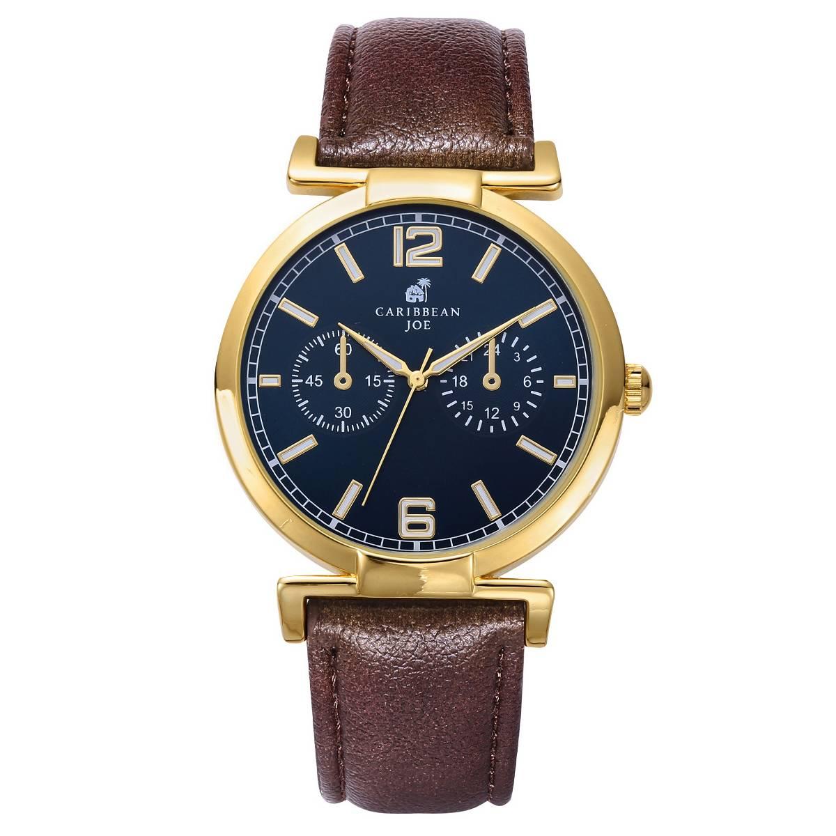Mens Caribbean Joe Gold-Tone Navy Dial Strap Watch - CJ7163GD