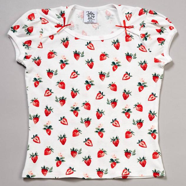 Girls (7-16) Jolie & Joy Puff Sleeve Strawberry Bow Tee