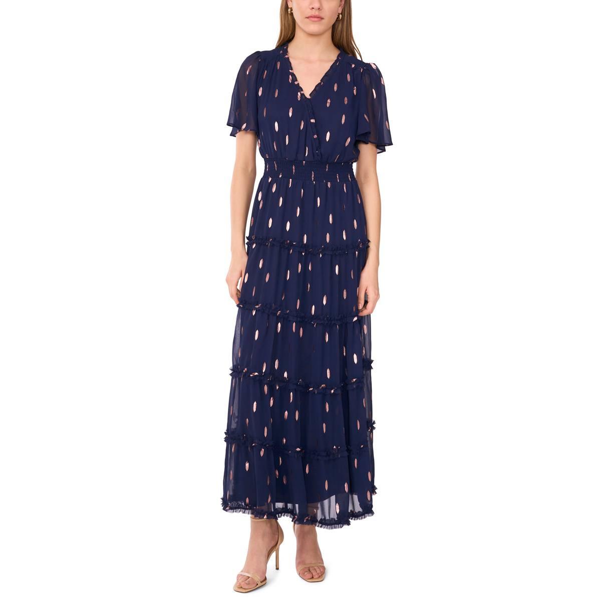 Womens MSK Short Sleeve Surplice Tier Ruffle Midi Dress