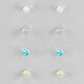 Kids Set of 4 Sterling Silver Cubic Zirconia Earrings