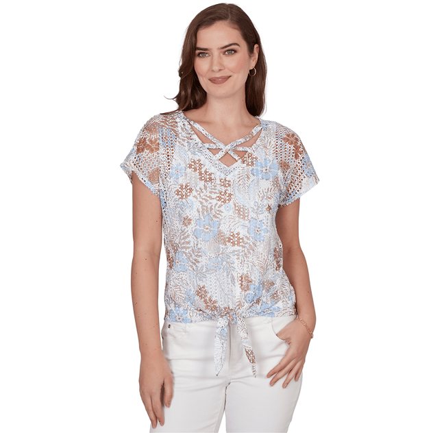 Womens Hearts of Palm Cool & Collected Textured Open Knit Blouse