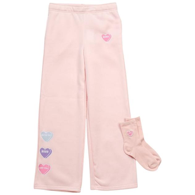 Girls (7-16) No Comment Candy Hearts Wide Leg Fleece Lined Pants