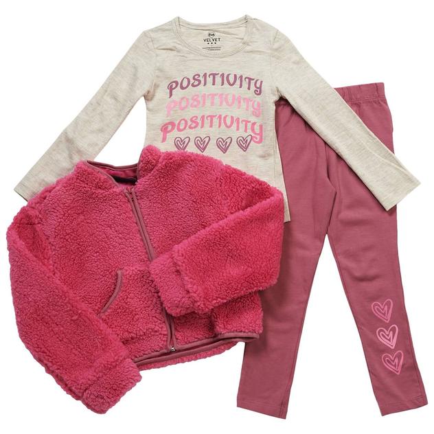 Girls (4-6x) Pink Velvet 3pc. Sherpa Jacket & Heart Leggings Set