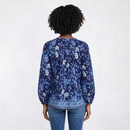 Womens Absolutely Famous Long Balloon Sleeve Henley Blouse