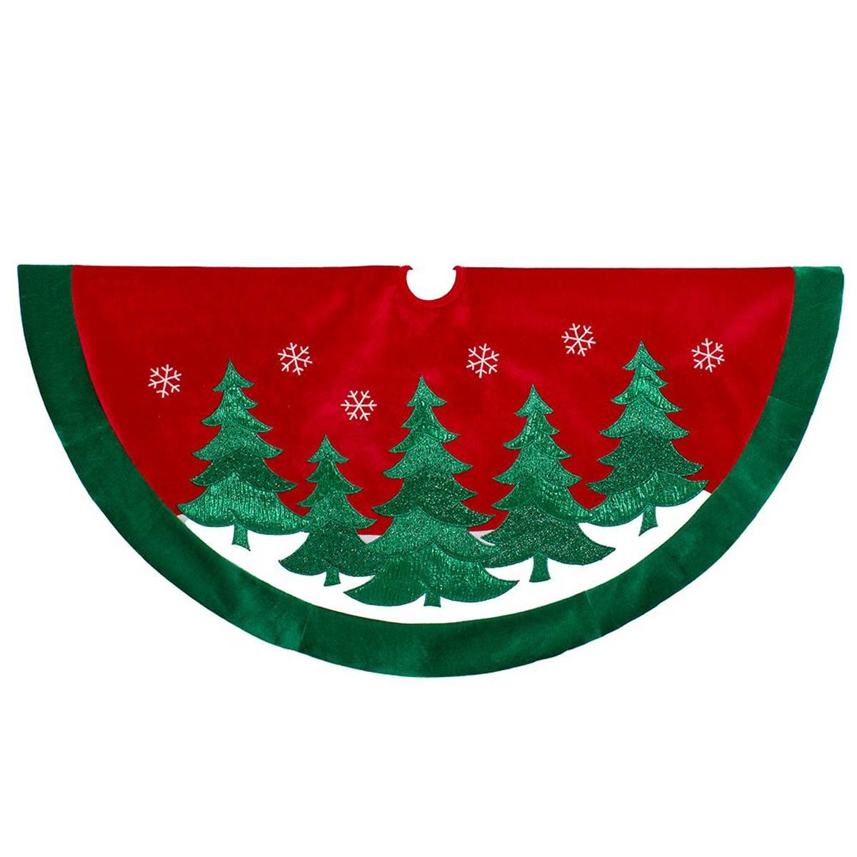 Kurt S. Adler 48in. Red Velvet w/ Green Trees Tree Skirt