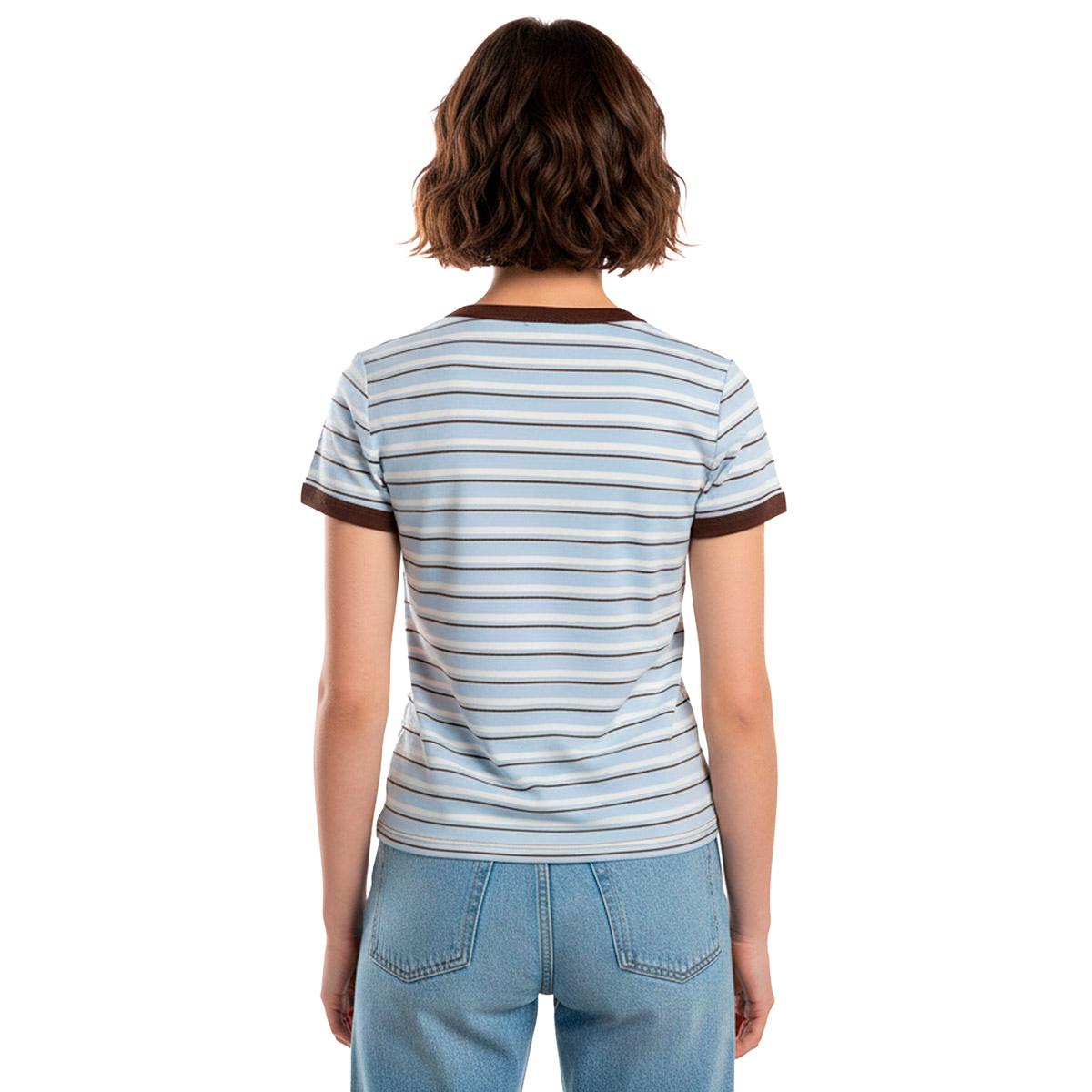Juniors Pink Rose Striped Ringer Tee - Blue