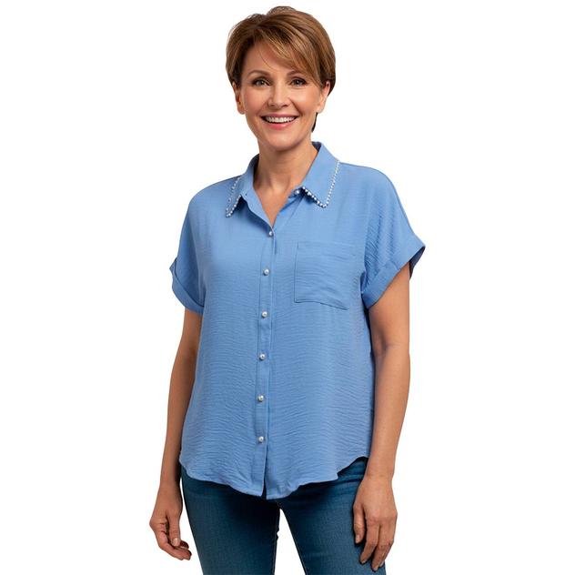 Womens Notations Dolman Sleeve Pearl Button Front Blouse