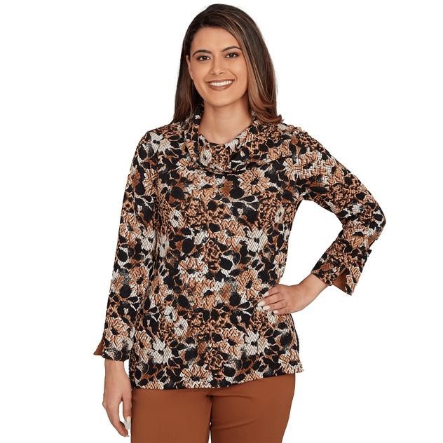 Womens Ruby Rd. New Neutrals Cowl Neck Floral Zig Zag Blouse