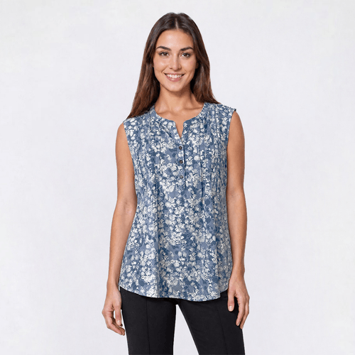Womens Napa Valley Sleeveless Floral Leaf Pleat Henley Blouse