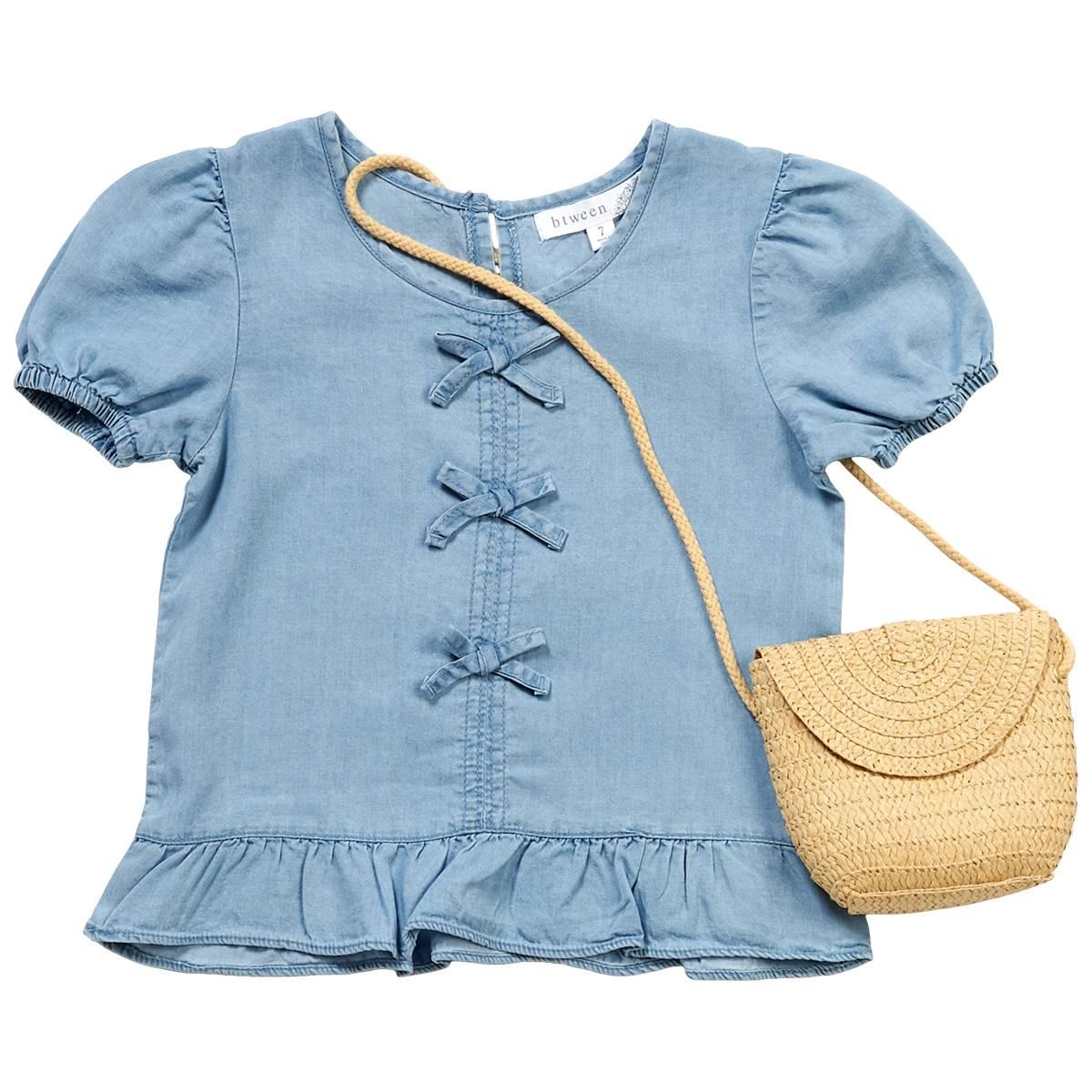 Girls (7-12) BTween(R) Puff Sleeve Bow Peplum Top w/ Bag