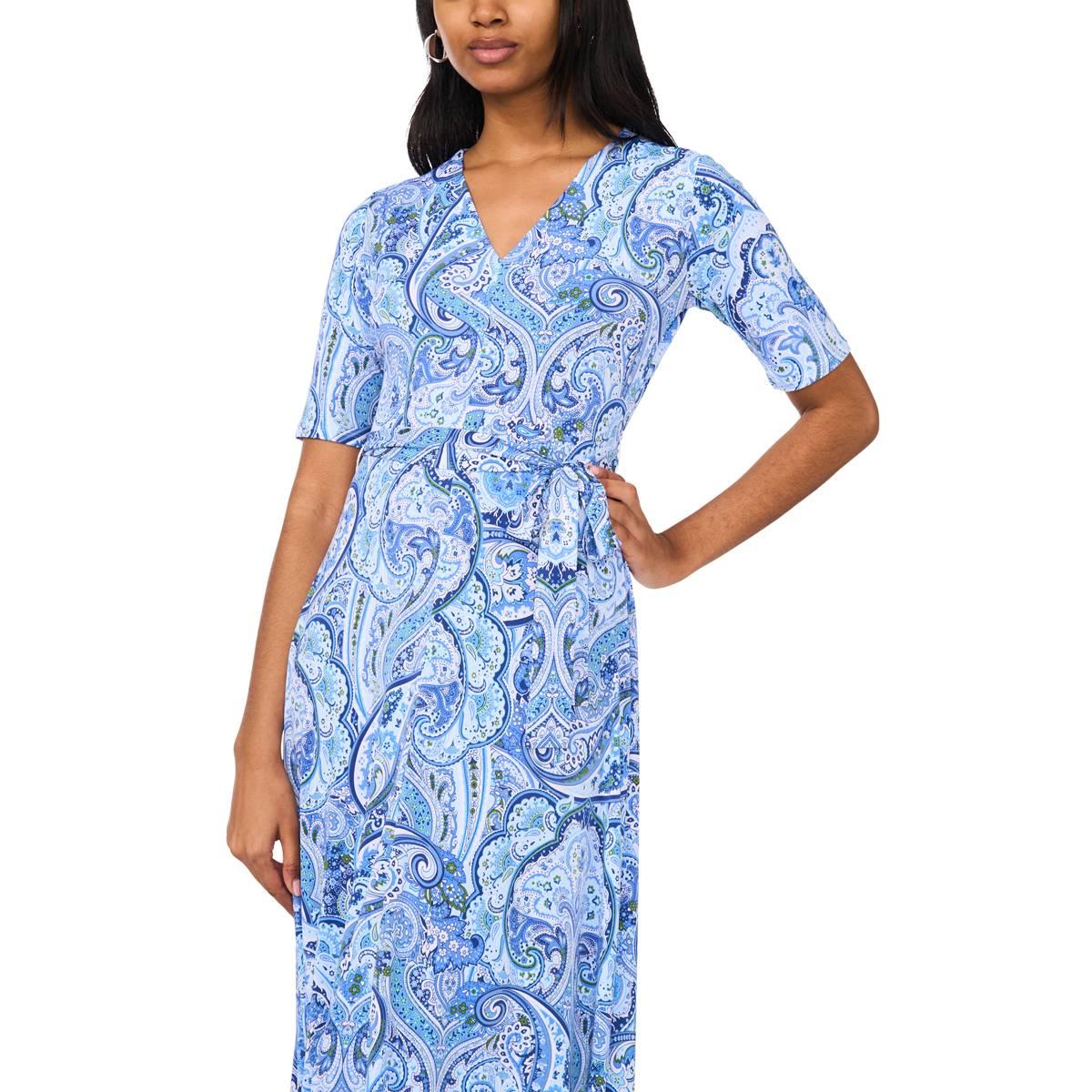 Womens MSK Elbow Sleeve V Neck Print ITY Midi Dress