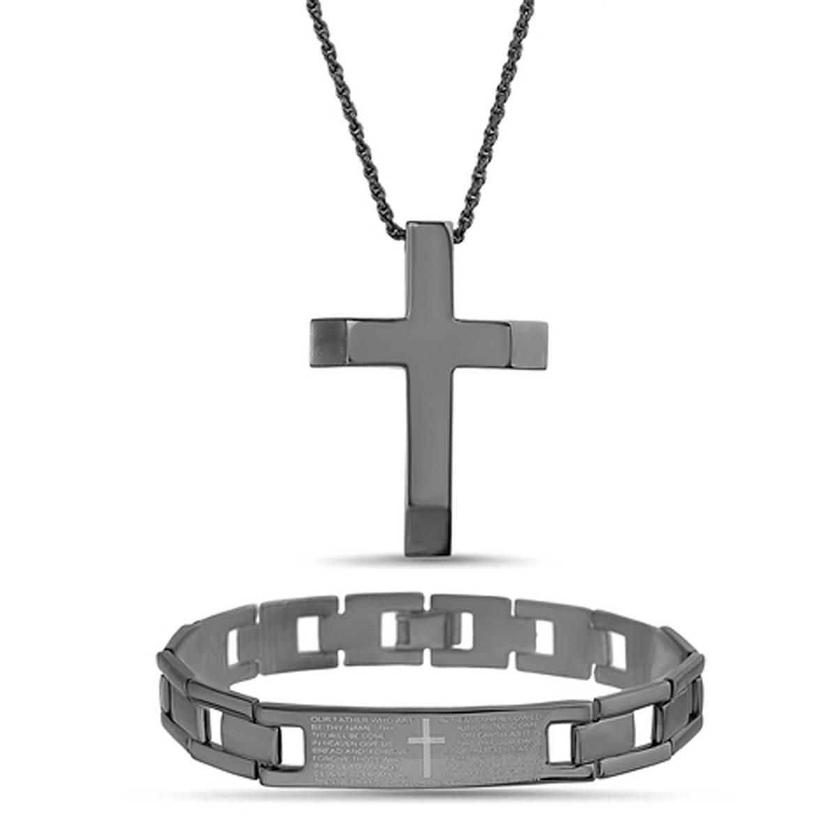Mens Stainless Steel/Black Cross/Bracelet Set