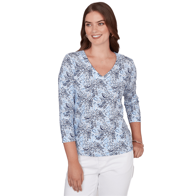 Petite Hearts of Palm Printed Essentials V Neck Floral Blouse