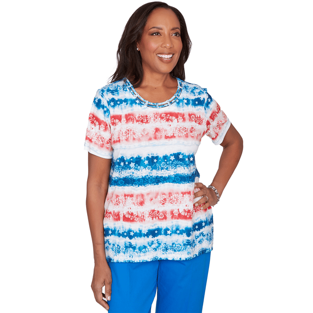 Womens Alfred Dunner Lady Liberty Americana Tie Dye Stripe Tee