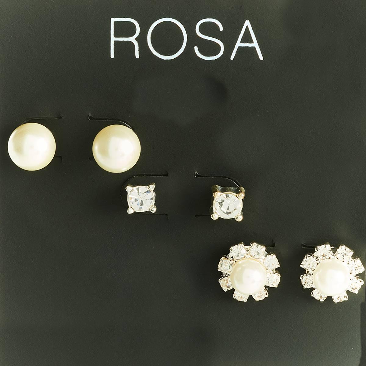 Rosa Rhinestones Silver-Tone CZ Crystal Pearl Trio Earrings