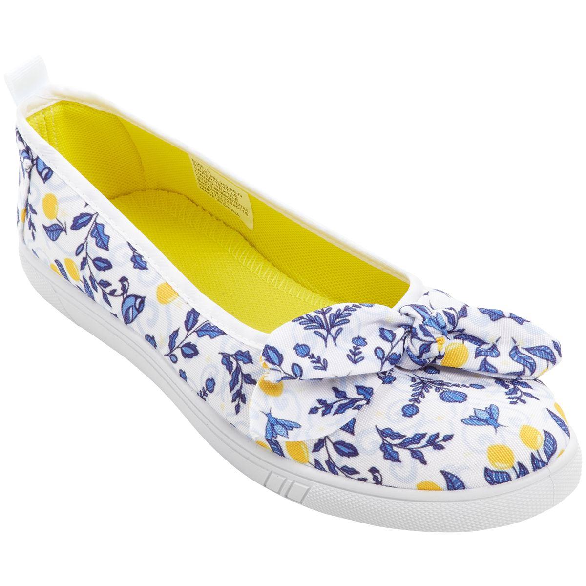 Womens Ashley Blue Floral and Birds Canvas With Bow Slip On Flats