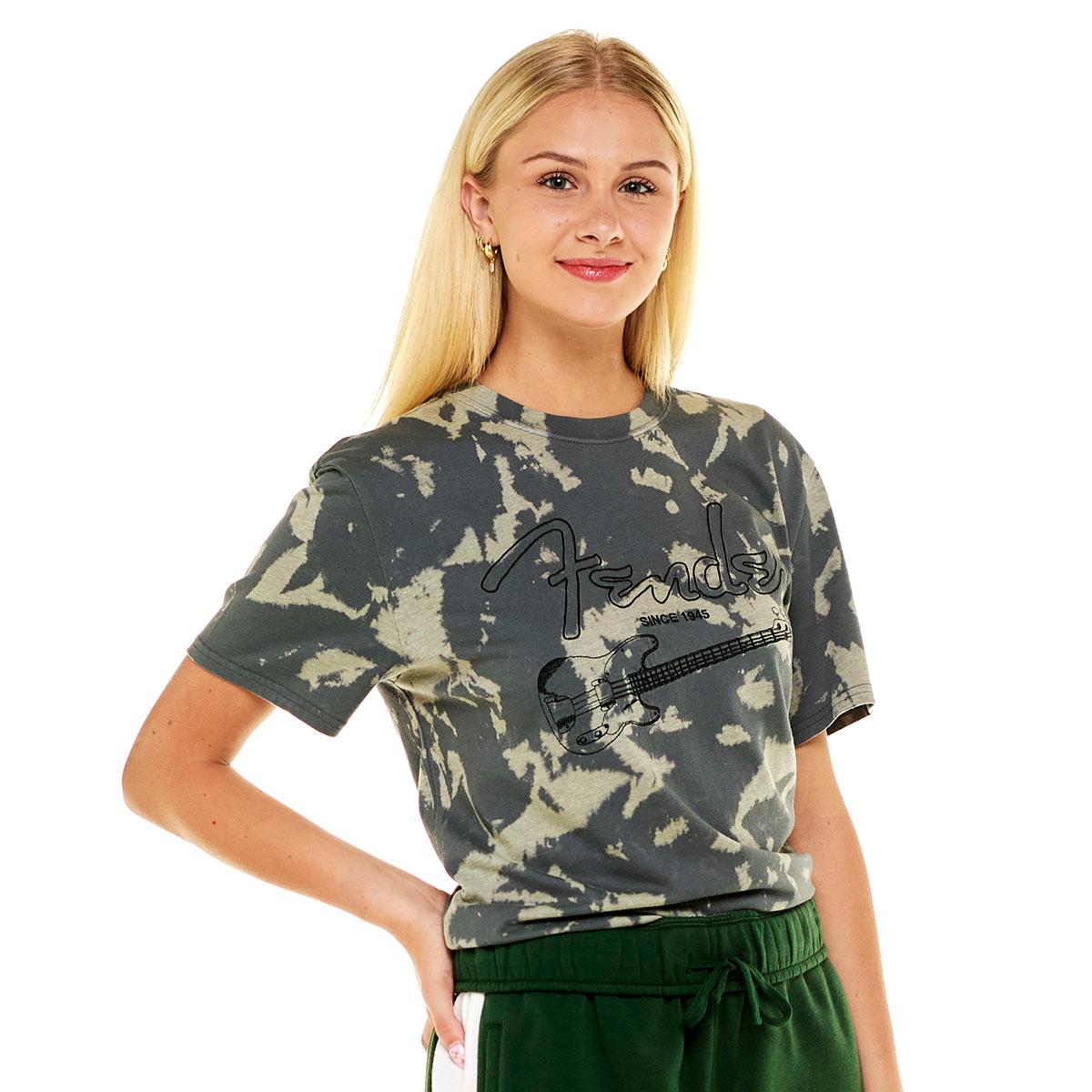 Juniors Fender(R) Embroidered Bass Guitar Acid Wash Tee