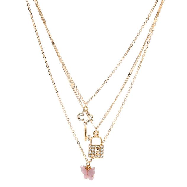 Ashley 3 Row Layered Necklace with Pave Stone Pendants