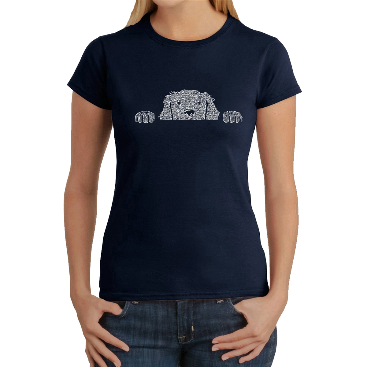 Womens LA Pop Art Peeking Dog - Word Art T-Shirt