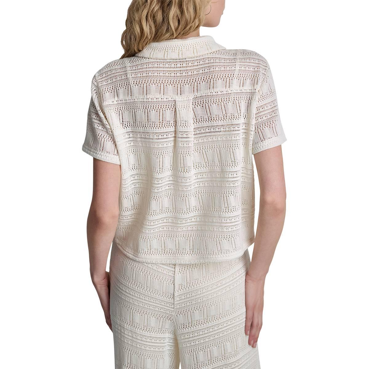 Womens DKNY Short Sleeve Pearl Knit Button Front Sweater