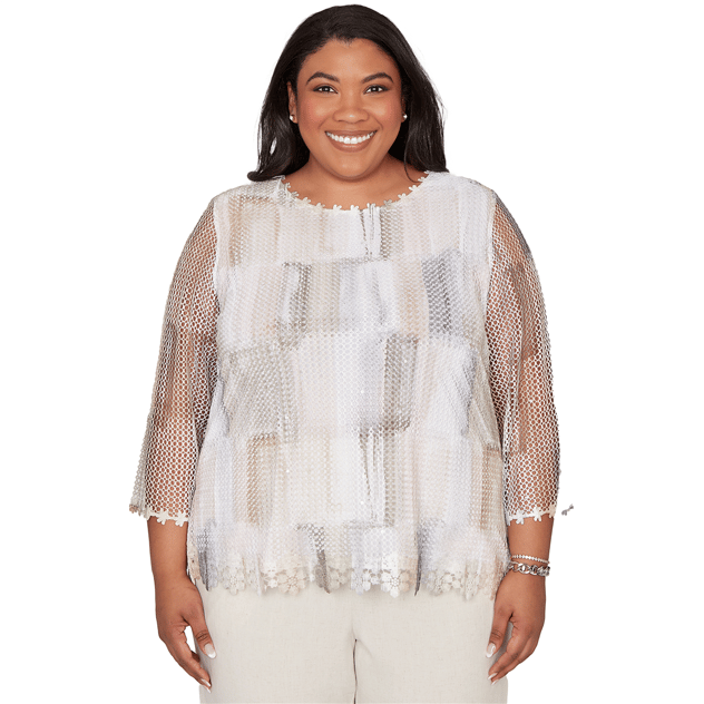 Plus Size Alfred Dunner Natural Wonder 3/4 Sleeve Mesh Blouse