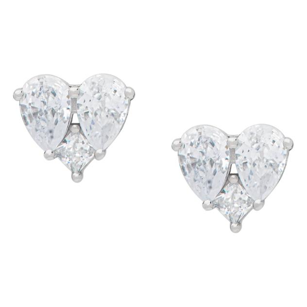 Sterling Silver CZ Triple Stone Heart Stud Earrings