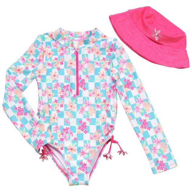 Girls (7-12) Betsey Johnson Floral Check Rashguard with Hat