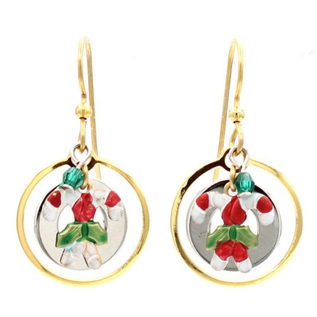 Silver Forest Gold-Tone Candy Cane Charm Open Circle Earrings