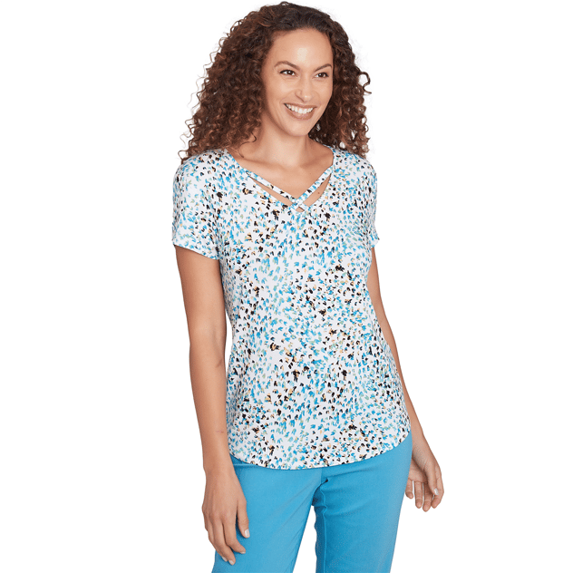 Womens Emaline Key Items Abstract Leopard Criss-Cross V-Neck Tee