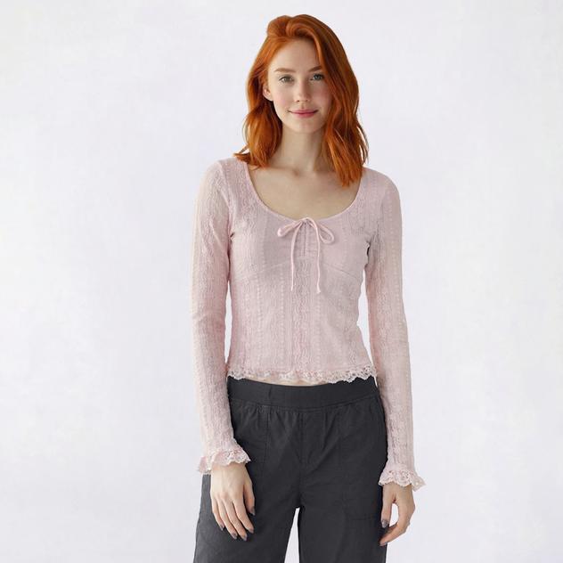 Juniors Madden Girl Long Sleeve Cinch Lace Blouse with Lace Trim
